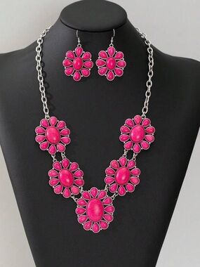 Western Pink Faux Turquoise Squash Blossom Statement Necklace & Earrings Set
